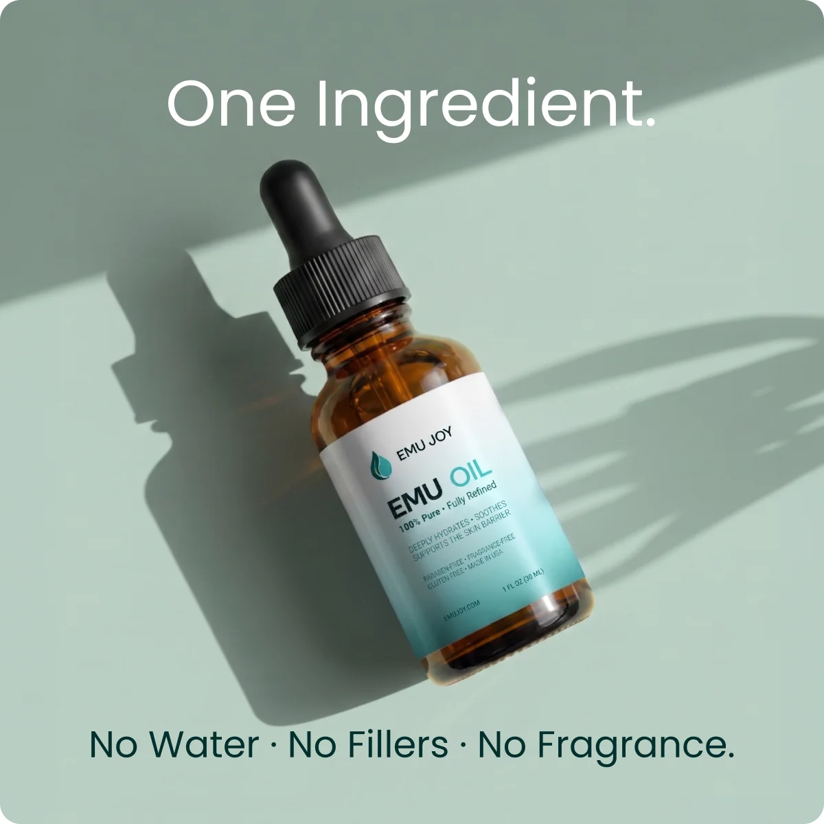 Emu Oil bottle. Text on the image: One Ingredient. No Water, No Fillers, No Fragrance.
