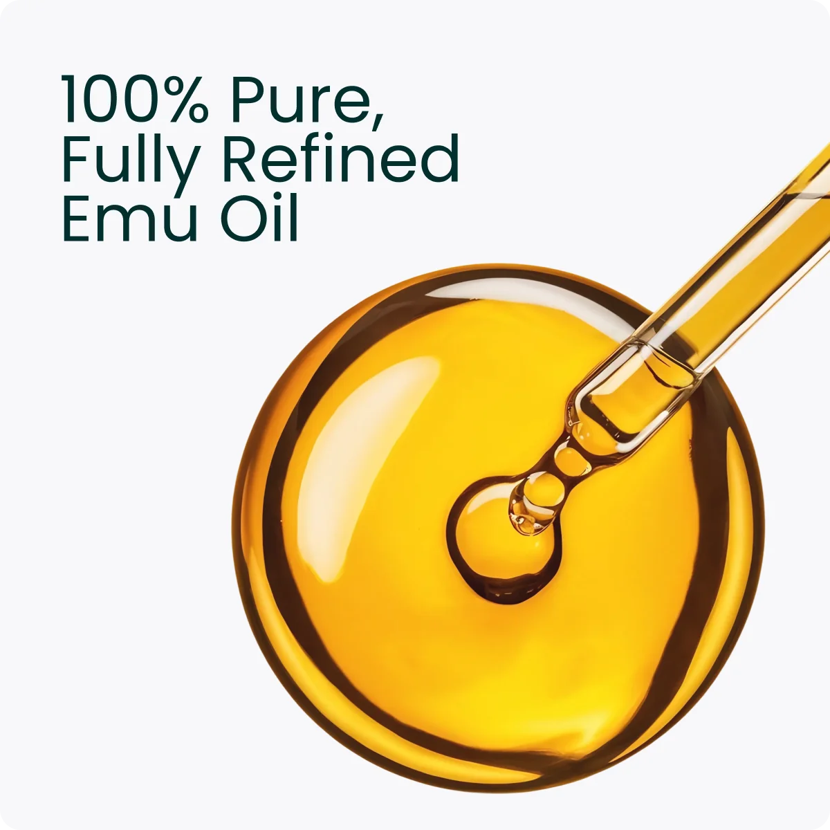 Emu Oil bottle. Text on the image: 100% Pure, Fully Refined Emu Oil