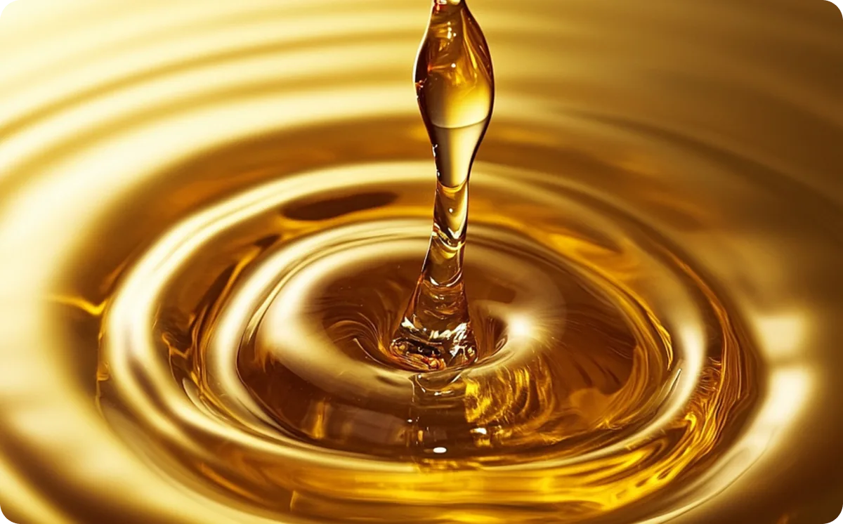 A stream of golden emu oil pouring into a rippling pool of oil