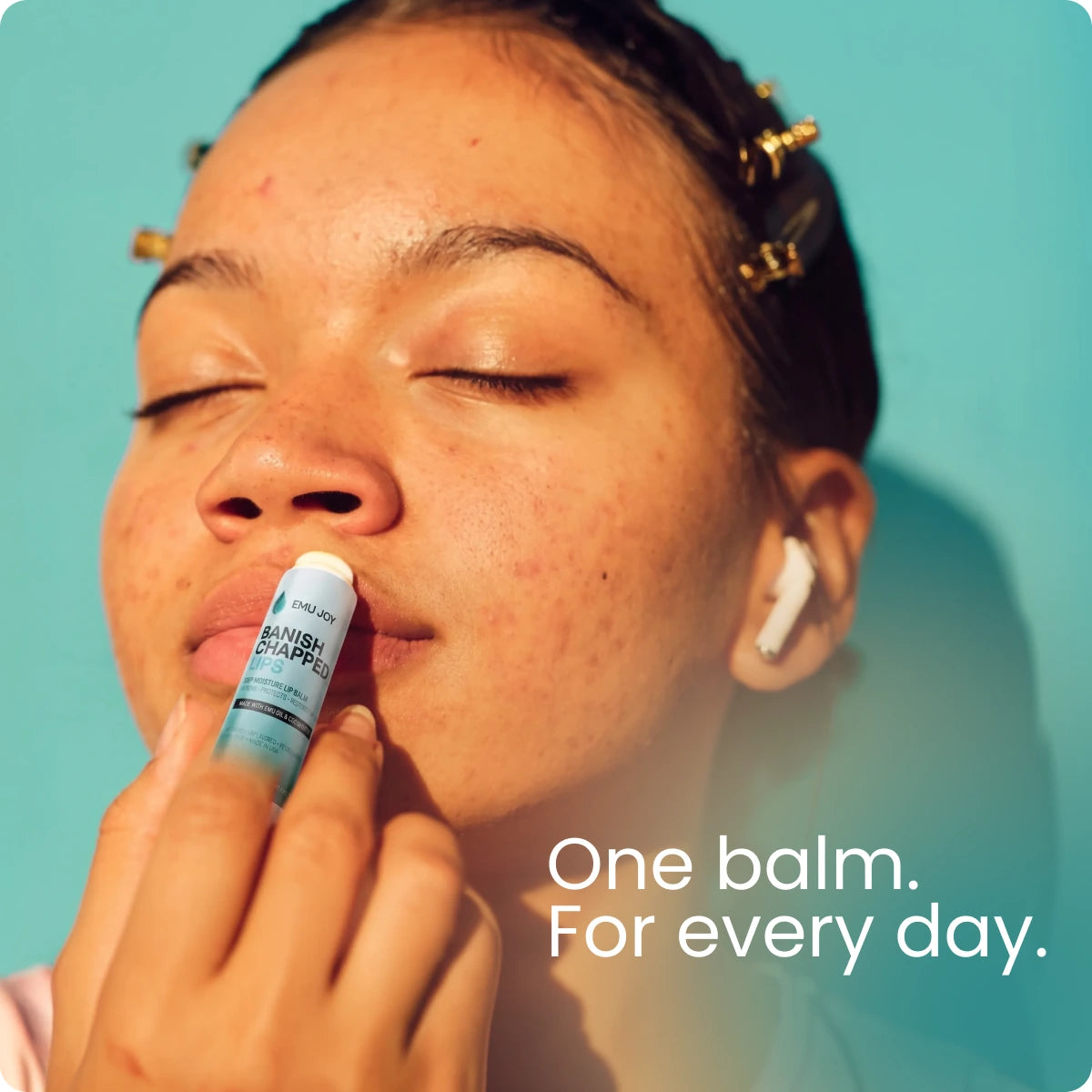 A woman applying the lip balm, captioned "One balm. For every day."