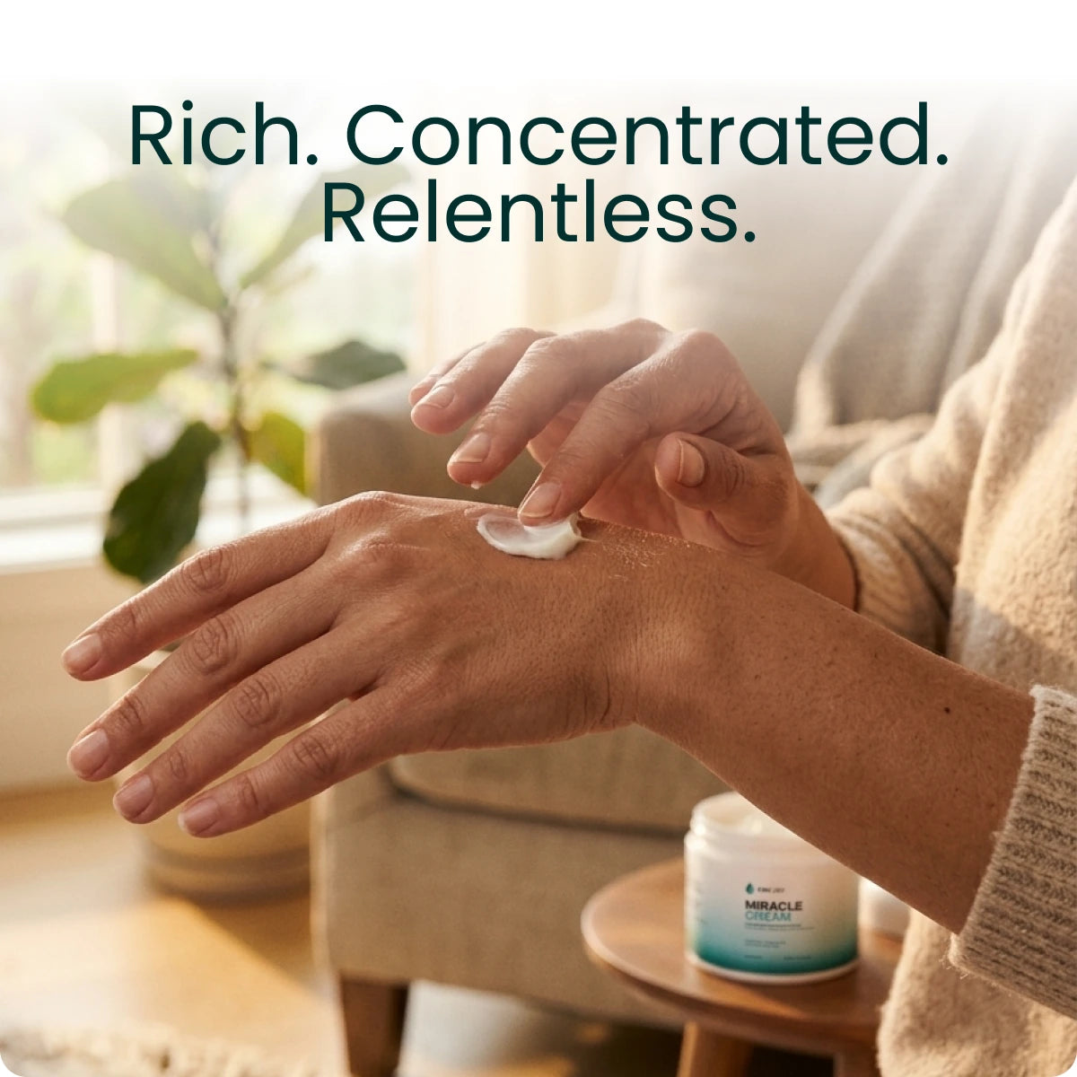 Hands smoothing cream onto a forearm, captioned "Rich. Concentrated. Relentless."