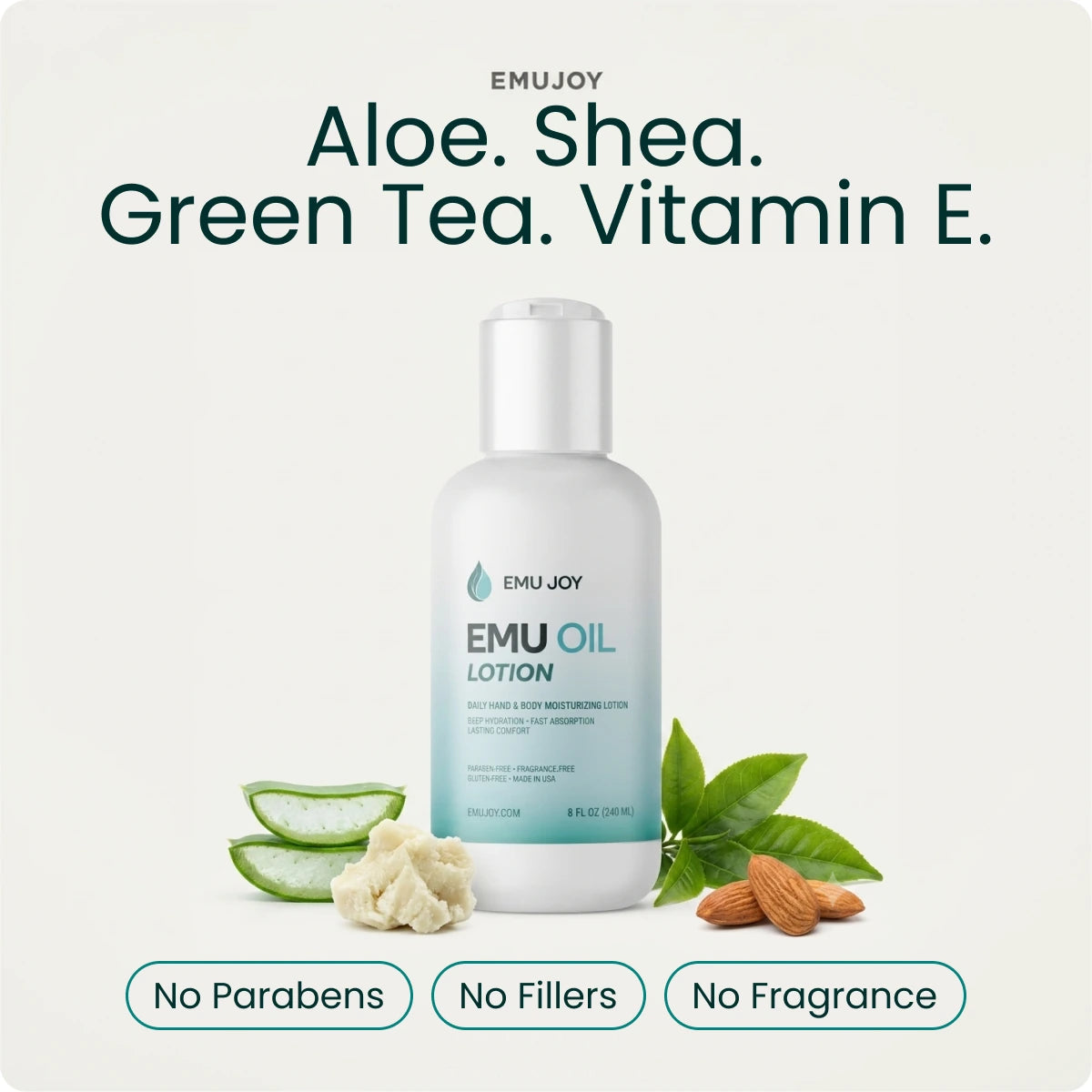 The lotion bottle with aloe, shea, green tea and vitamin E, with No Parabens, No Fillers and No Fragrance tags