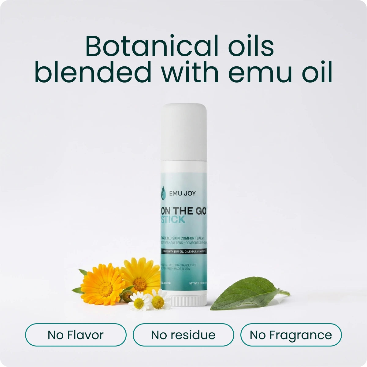 The stick with calendula, captioned "Botanical oils blended with emu oil" with No Flavor, No residue and No Fragrance tags