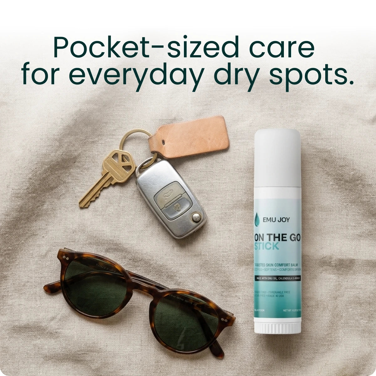 The stick beside keys and sunglasses, captioned "Pocket-sized care for everyday dry spots."