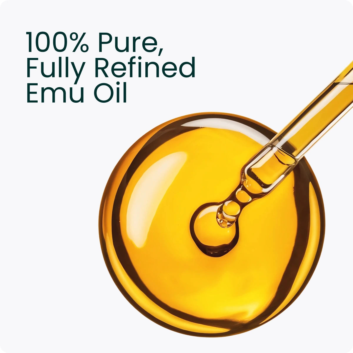 A dropper over a pool of golden emu oil, captioned "100% Pure, Fully Refined Emu Oil"