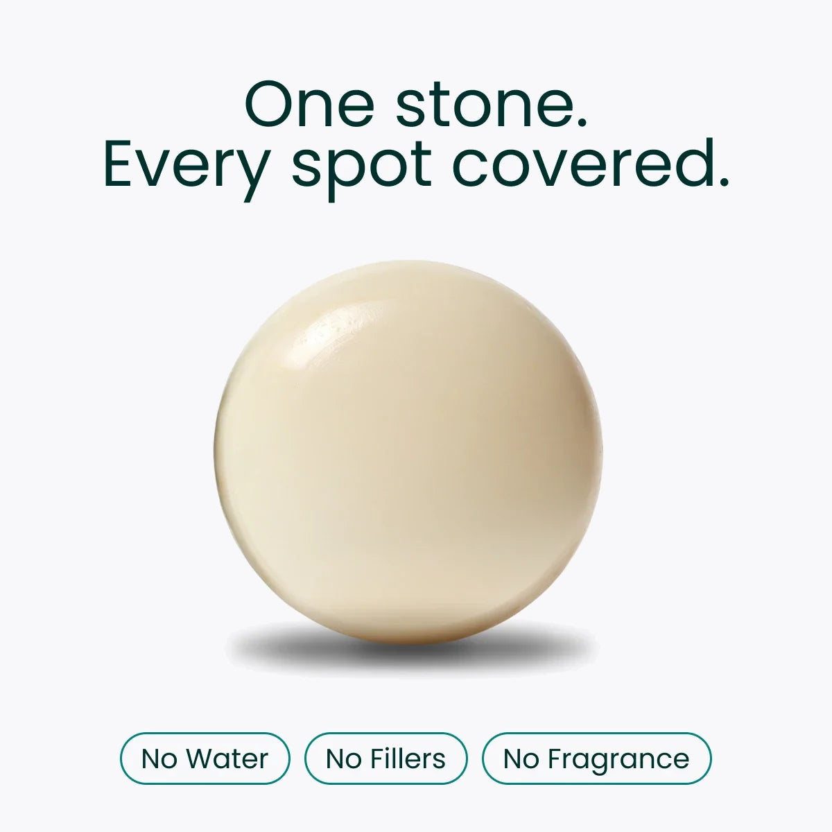 The round Body Stone captioned "One stone. Every spot covered." with No Water, No Fillers and No Fragrance badges