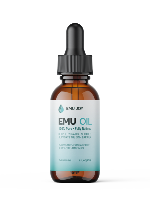 Emu Joy Emu Oil, 1 fl oz amber dropper bottle with white and teal label