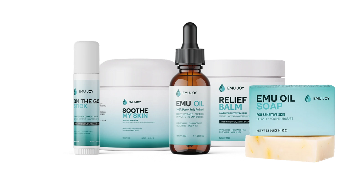The five products of the Soothe My Lichen Sclerosus Kit: On The Go Stick, Soothe My Skin, Pure Emu Oil, Relief Balm and Emu Oil Soap