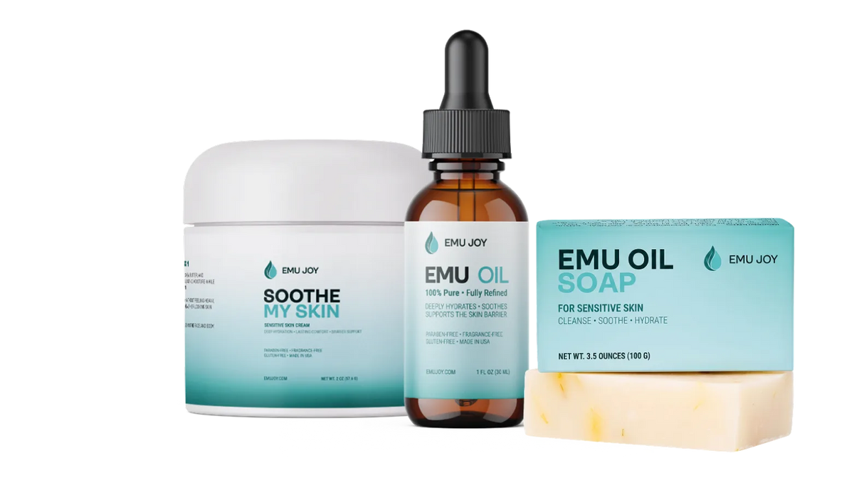 Soothe My Skin cream jar, Pure Emu Oil dropper bottle and Emu Oil Soap bar grouped together
