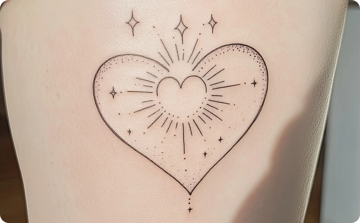 Close-up of a fine-line heart tattoo on freshly tattooed skin