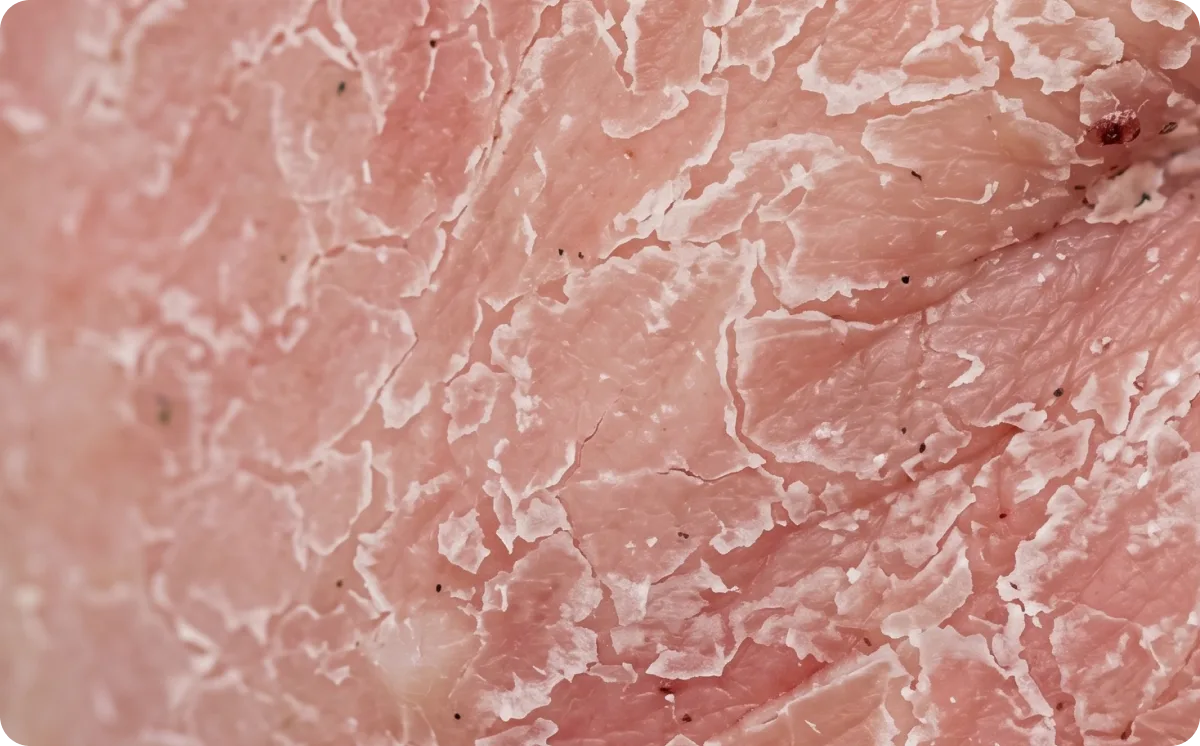 Close-up of red, flaking skin peeling during topical steroid withdrawal