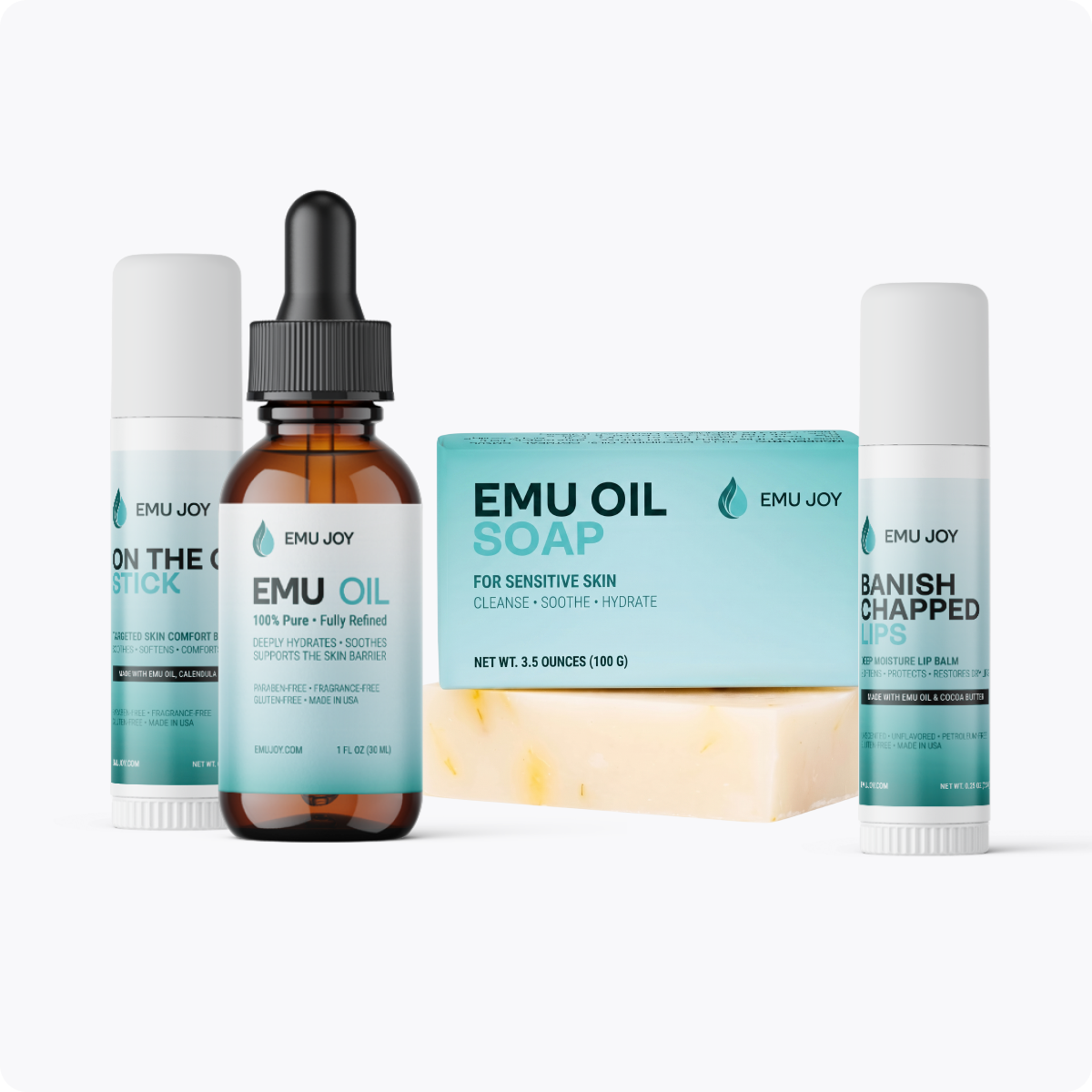 Emu Joy Starter Kit, 4-Piece lineup: On the Go Stick, Pure Emu Oil 1 oz dropper bottle, Emu Oil Soap bar and Banish Chapped Lips balm