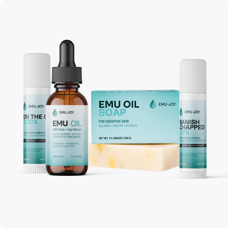 Emu Joy Starter Kit, 4-Piece lineup: On the Go Stick, Pure Emu Oil 1 oz dropper bottle, Emu Oil Soap bar and Banish Chapped Lips balm