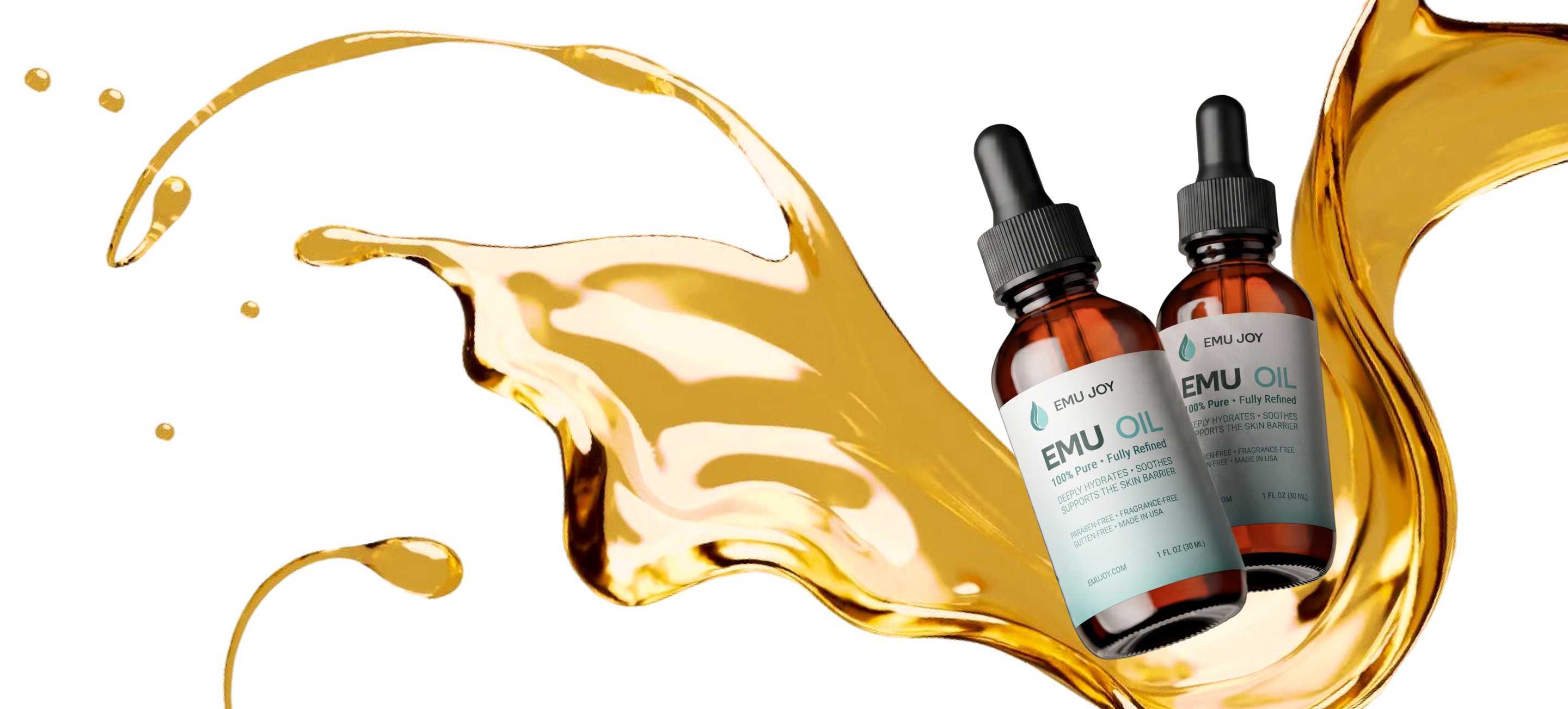 Two amber Emu Joy Emu Oil dropper bottles in a splash of golden emu oil