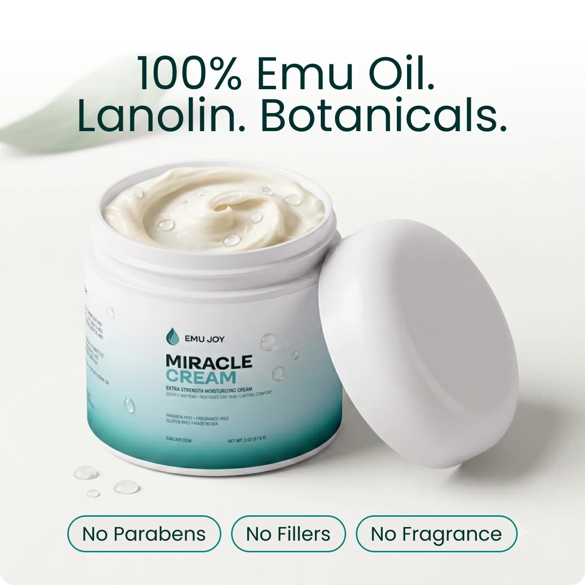 Relief Balm jar. Text on the image: No Parabens, No Fillers, No Fragrance. 100% Emu Oil. Lanolin. Botanicals.