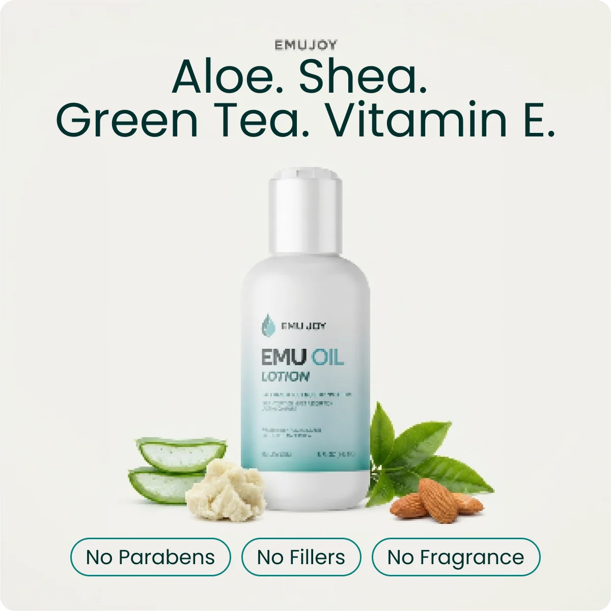Soothe My Skin cream. Text on the image: No Parabens, No Fillers, No Fragrance. Aloe. Shea. Green Tea. Vitamin E.