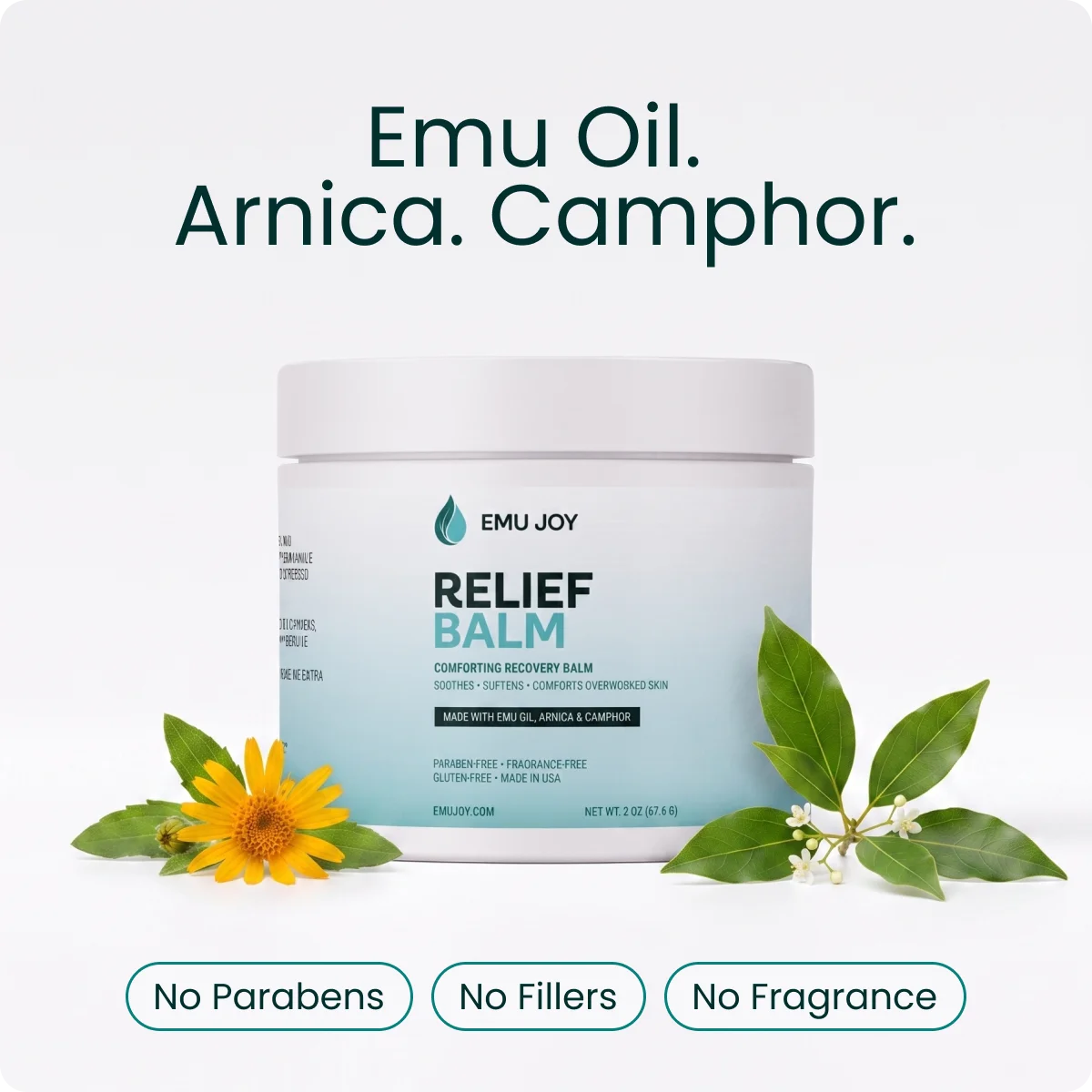 Relief Balm jar. Text on the image: No Parabens, No Fillers, No Fragrance. Emu Oil. Arnica. Camphor.