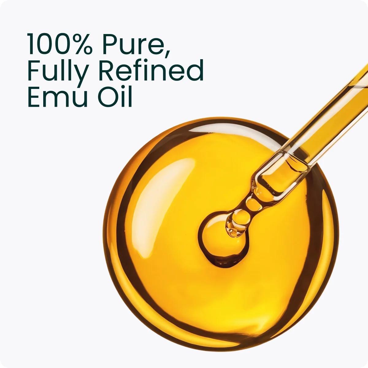 Emu Oil bottle. Text on the image: 100% Pure, Fully Refined Emu Oil