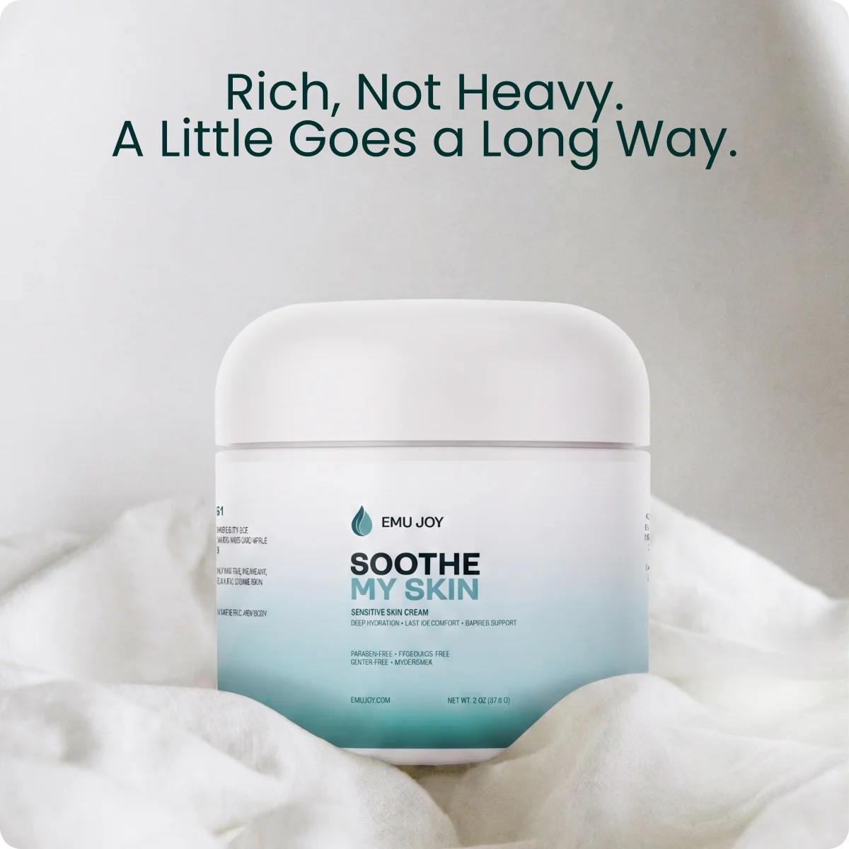 Cream applied to skin. Text on the image: Rich, Not Heavy. A Little Goes a Long Way.