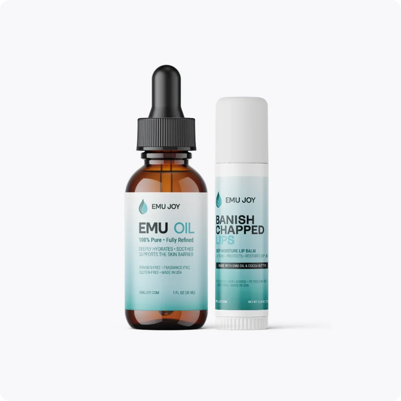 The Cancer Care Pack lineup: Emu Oil bottle and Banish Chapped Lips stick