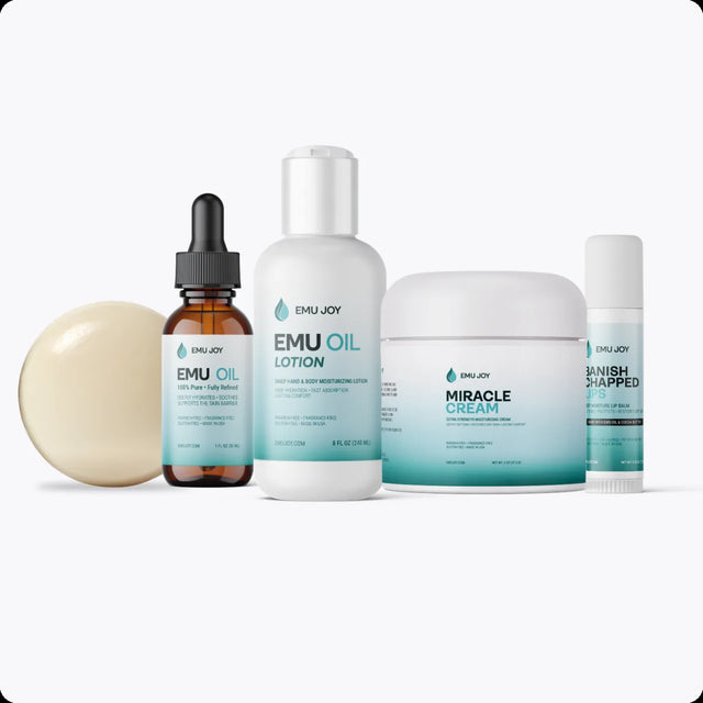The Hydration Kit lineup: Body Stone, Pure Emu Oil bottle, Emu Oil Lotion, Miracle Cream jar and Banish Chapped Lips