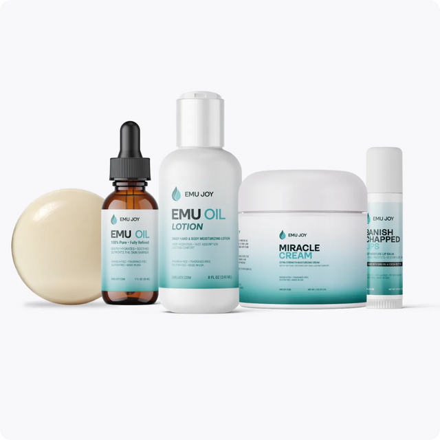The Hydration Kit lineup: Body Stone, Pure Emu Oil bottle, Emu Oil Lotion, Miracle Cream jar and Banish Chapped Lips
