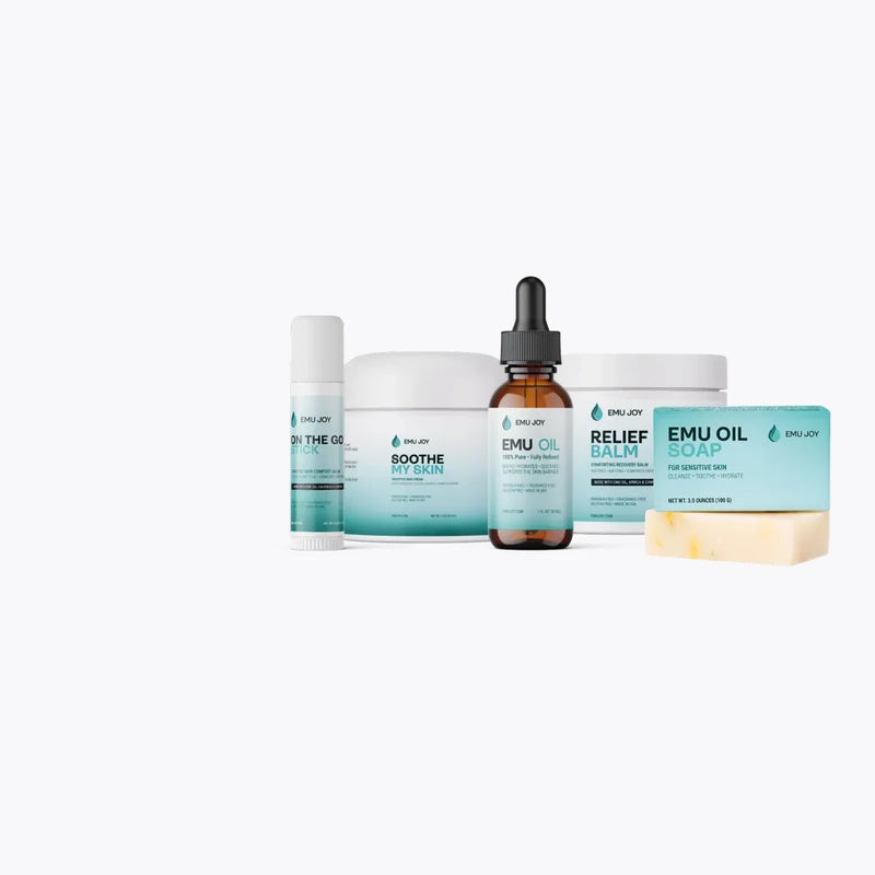 The Soothe My Lichen Sclerosus Kit lineup: On The Go Stick, Soothe My Skin jar, Emu Oil bottle, Relief Balm jar and Emu Oil Soap