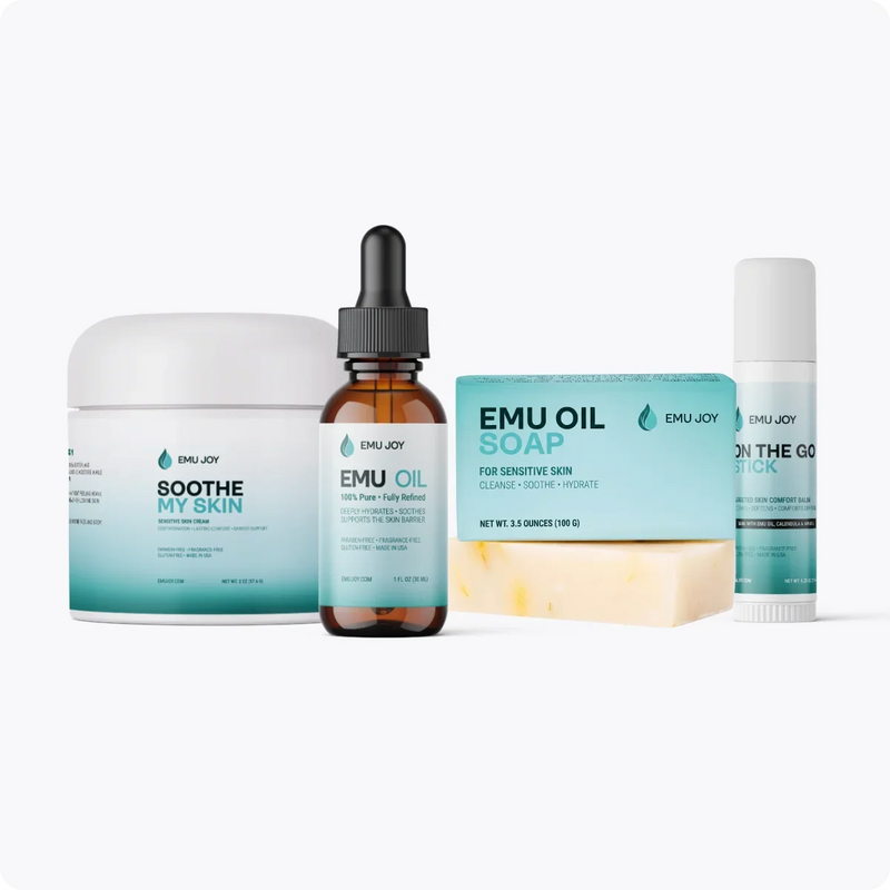 The Soothe My Rash Kit lineup: Soothe My Skin jar, Emu Oil bottle, Emu Oil Soap and On The Go Stick