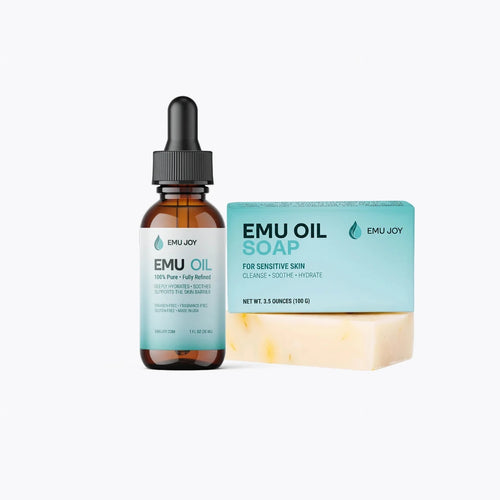 The Soothe My TSW Kit lineup: Emu Oil bottle and Emu Oil Soap