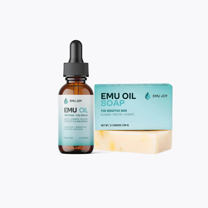 The Soothe My TSW Kit lineup: Emu Oil bottle and Emu Oil Soap