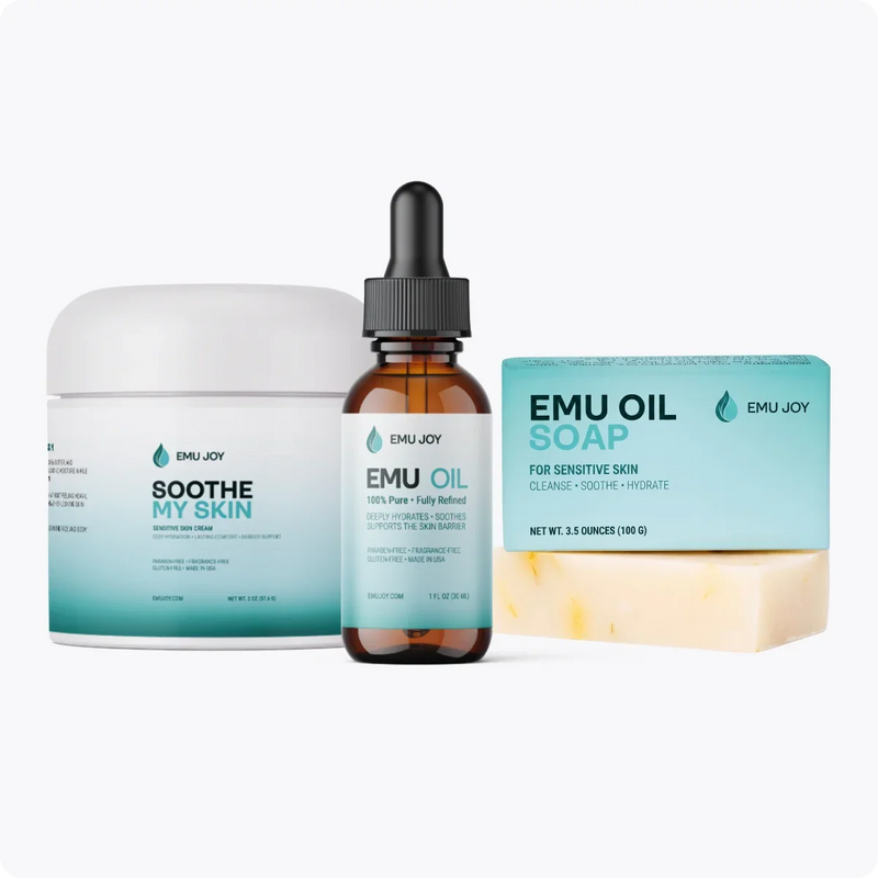 The Soothe My TSW Kit lineup: Soothe My Skin jar, Emu Oil bottle and Emu Oil Soap