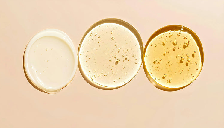 Three skincare texture swatches from cream to oil