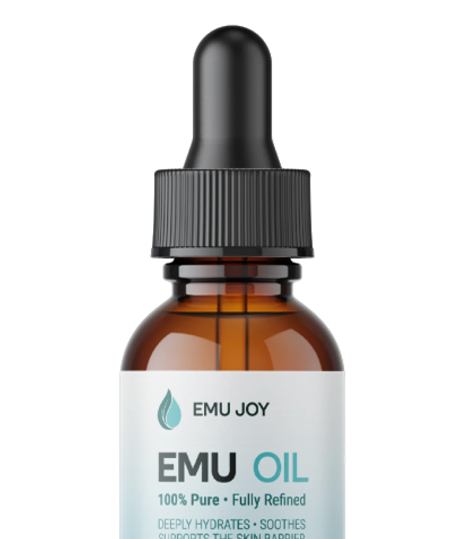 Pure Emu Oil dropper bottle on a white rounded card
