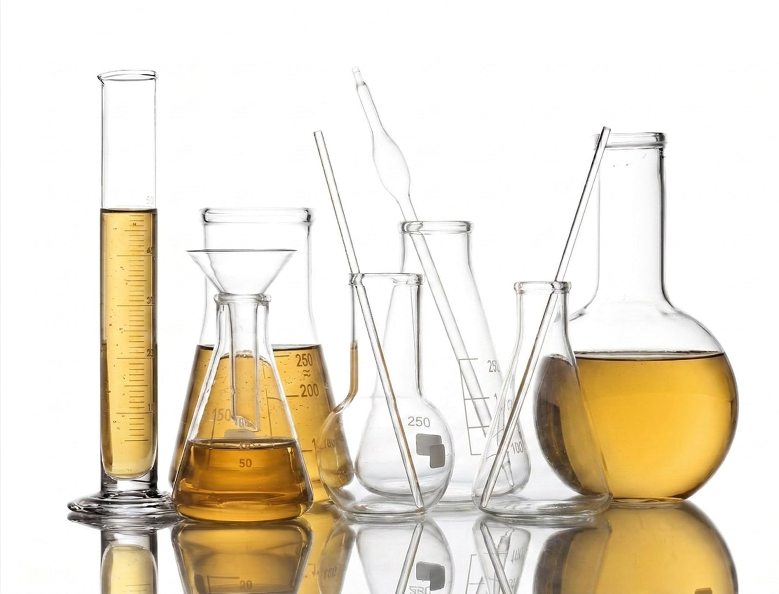 Laboratory glassware filled with golden emu oil on a reflective white surface