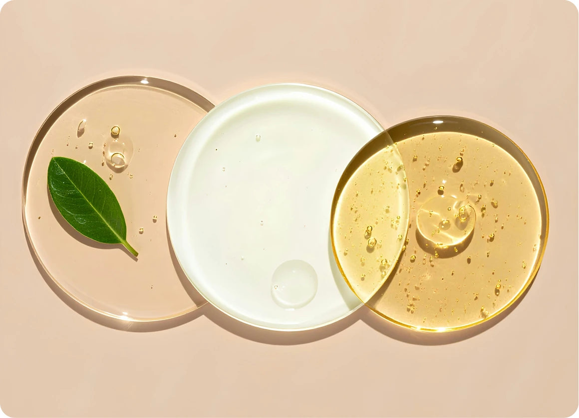 Petri dishes holding emu oil, cream and a green leaf on a warm beige surface