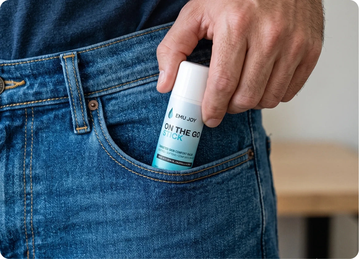 A hand slipping the Emu Joy On the Go Stick into a jeans pocket