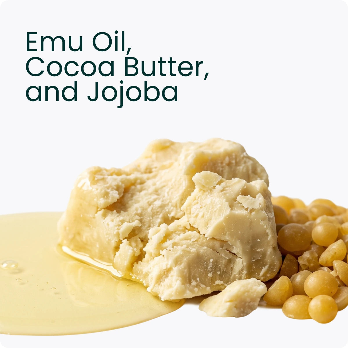 Cocoa butter and jojoba beans on a spoon, captioned "Emu Oil, Cocoa Butter, and Jojoba"