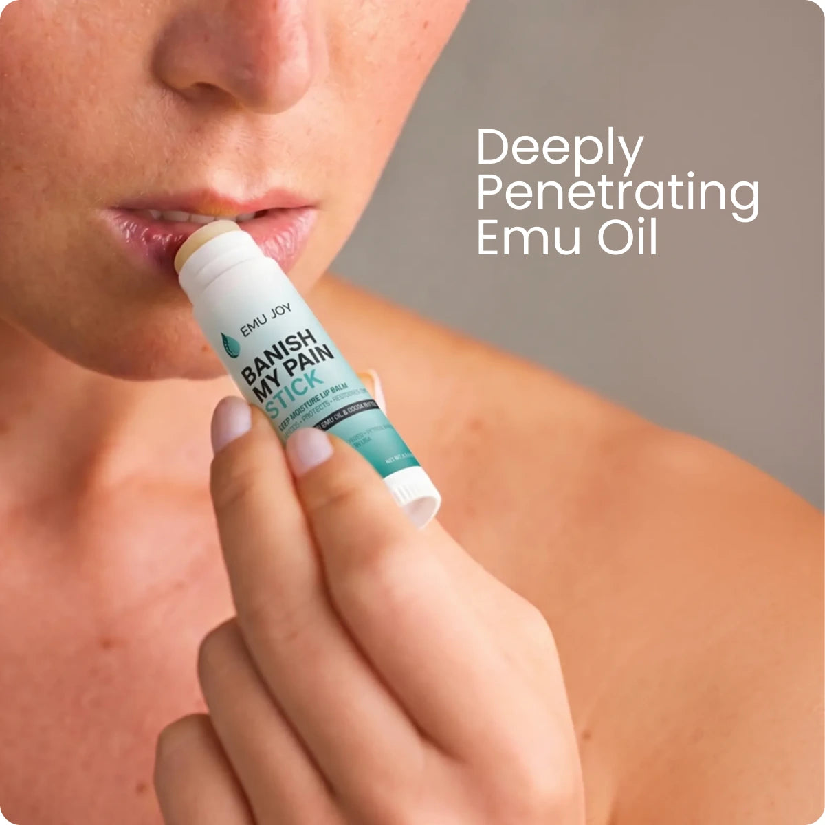 Applying the balm to the lips, captioned "Deeply Penetrating Emu Oil"