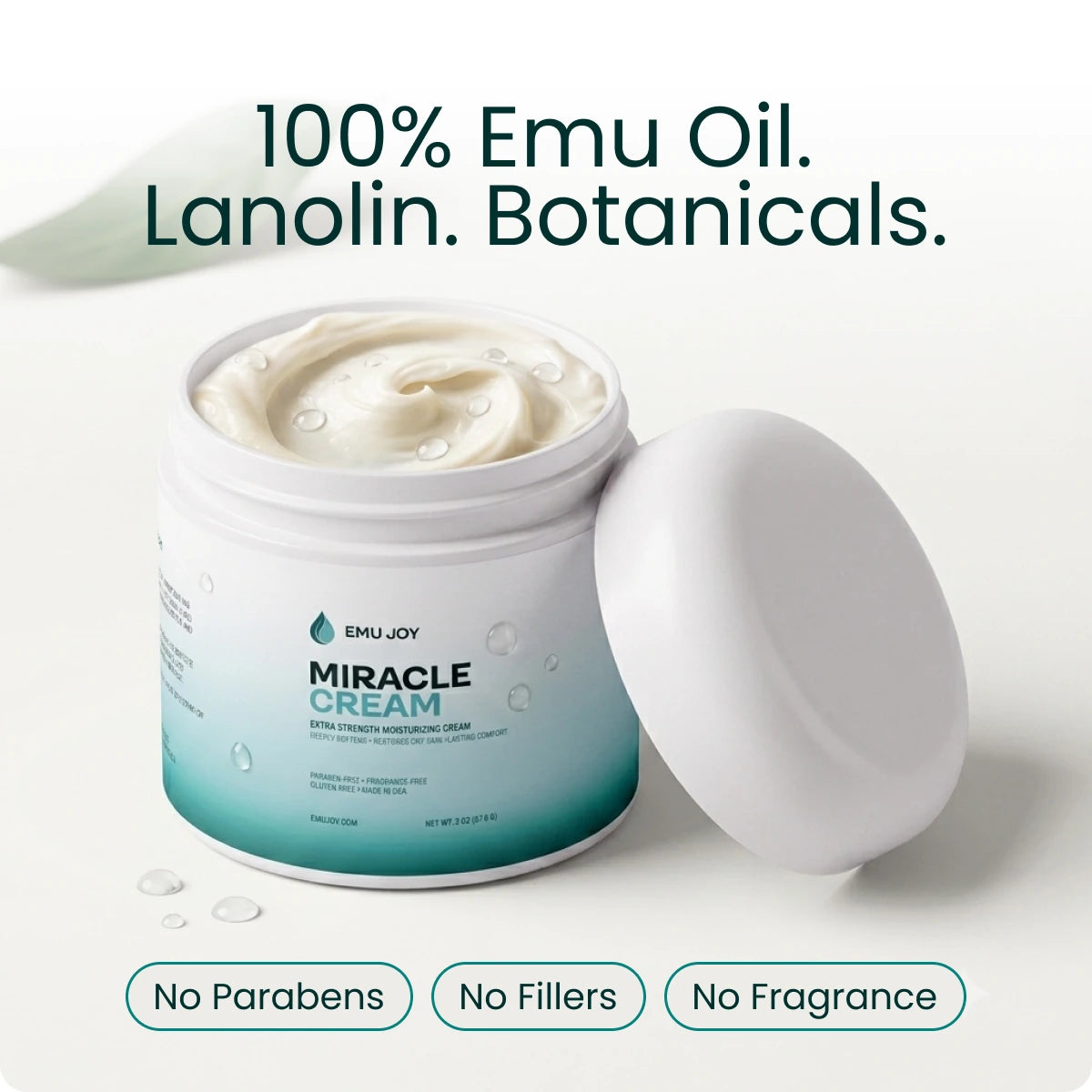 The open Miracle Cream jar, captioned "100% Emu Oil. Lanolin. Botanicals." with No Parabens, No Fillers and No Fragrance tags