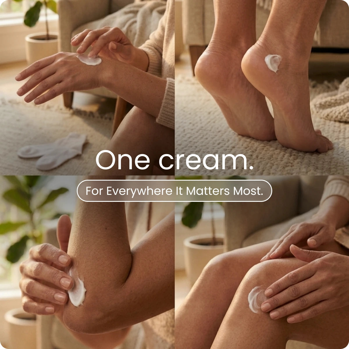 Cream applied to arms and legs, captioned "One cream. For everywhere a lotion won't reach"