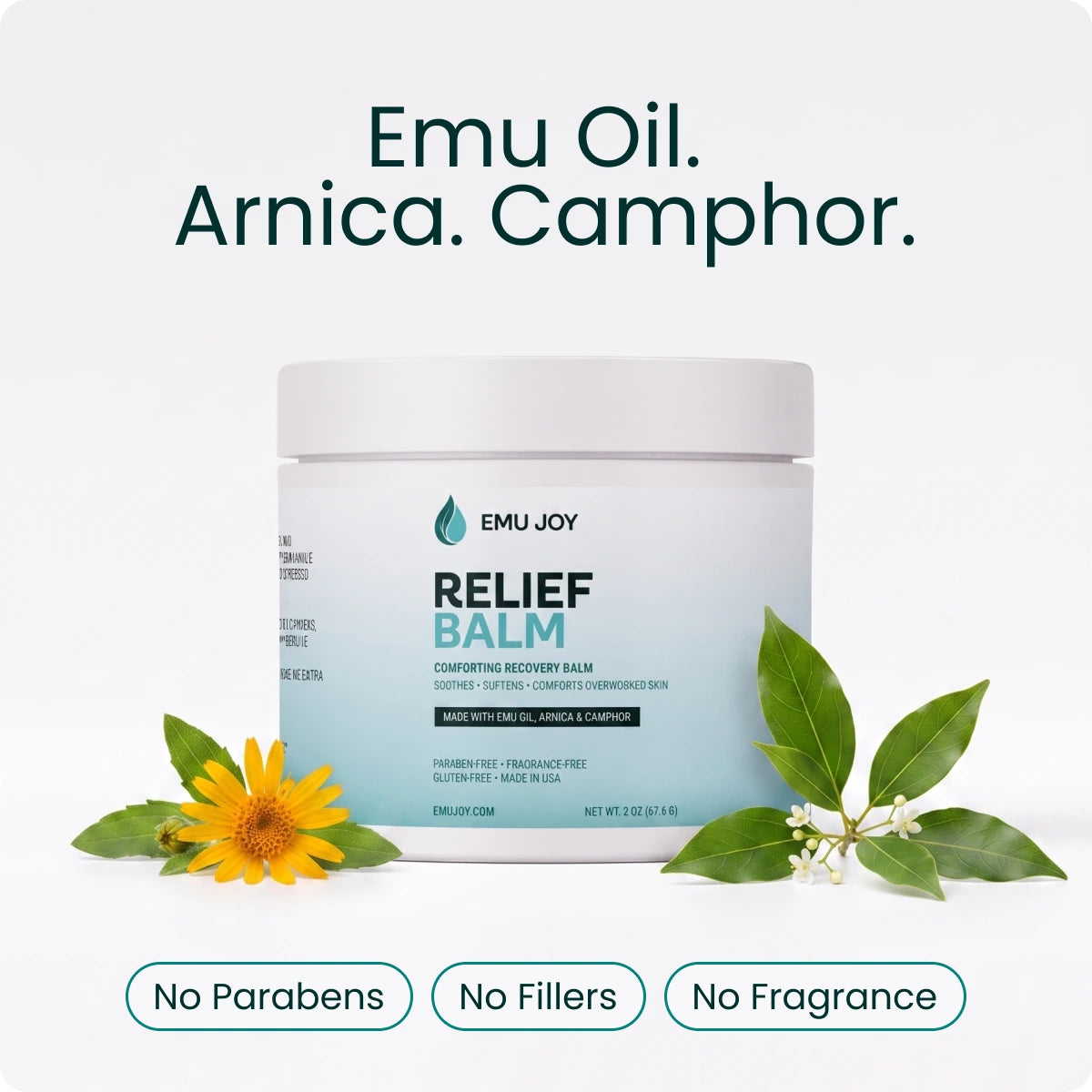 The Relief Balm jar with botanicals, captioned "Emu Oil. Arnica. Camphor." with No Parabens, No Fillers and No Fragrance tags