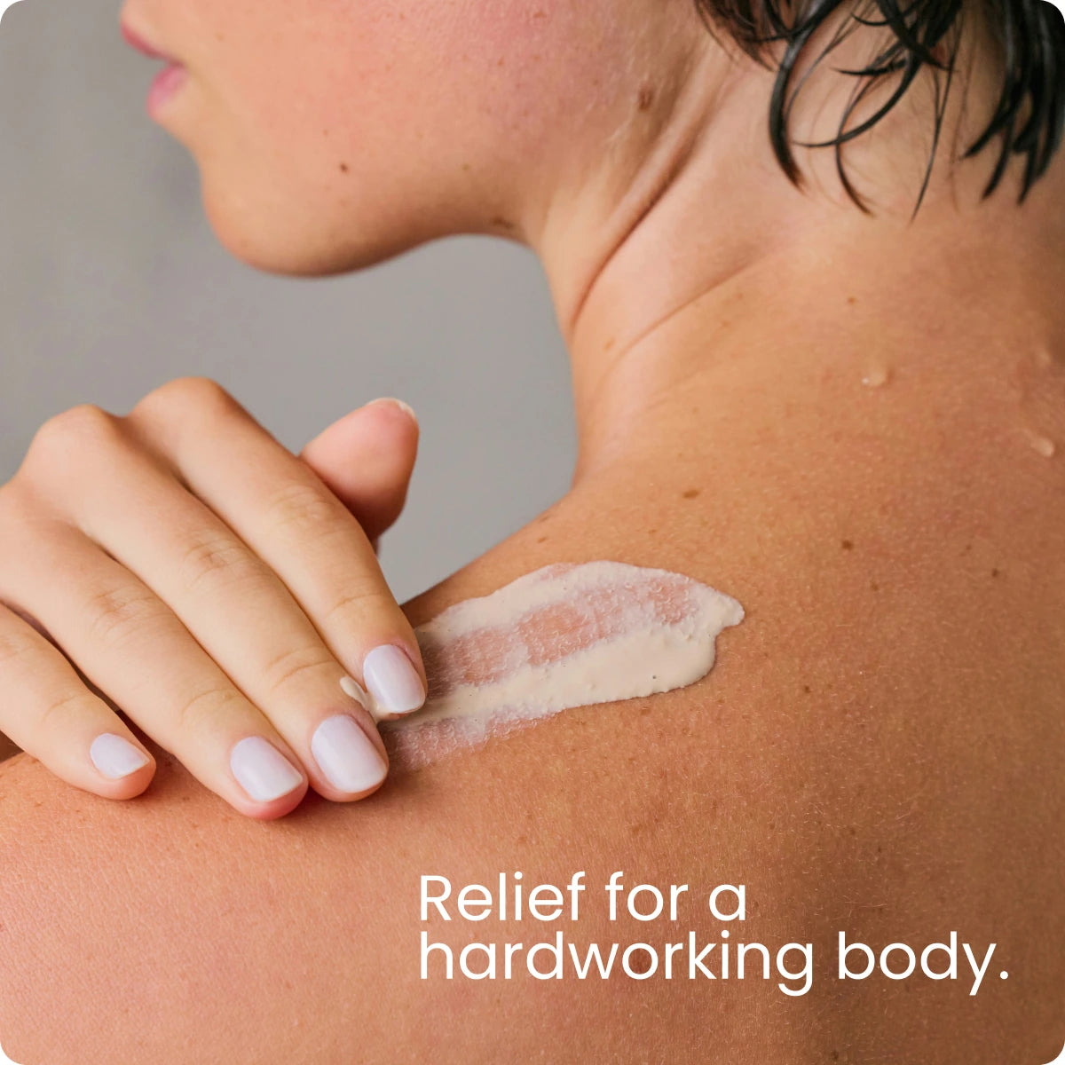 Balm smoothed onto a shoulder, captioned "Relief for a hardworking body."
