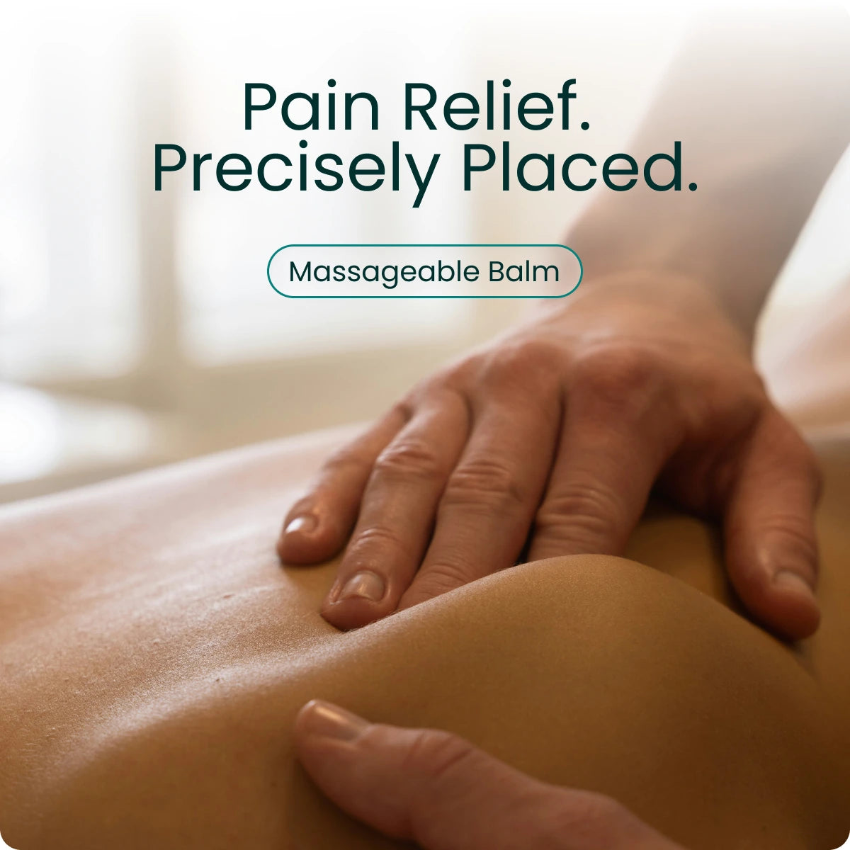 A calf being massaged, captioned "Pain Relief. Precisely Placed." with a Massageable Balm tag