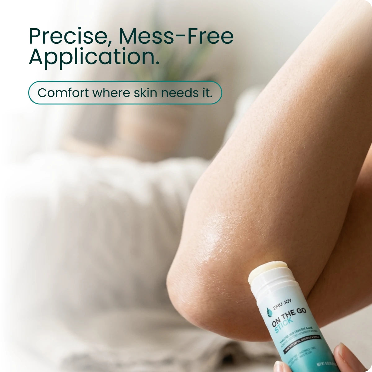 Applying the stick to a knee, captioned "Precise, Mess-Free Application" with a Comfort where skin needs it tag