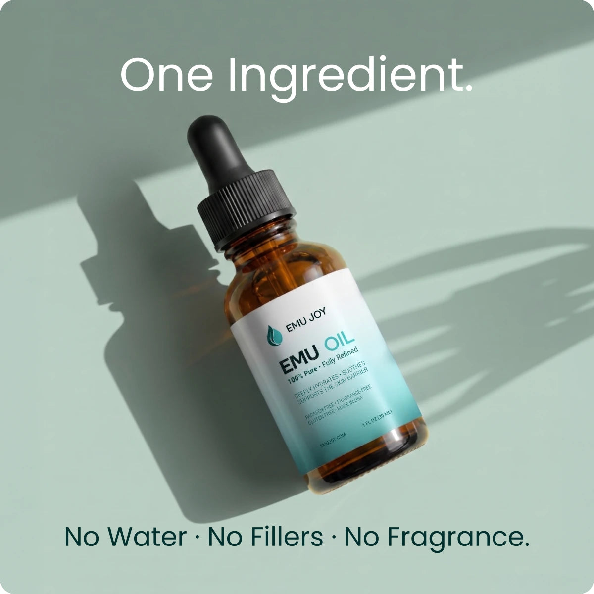 The Pure Emu Oil bottle on a green backdrop, captioned "One Ingredient" with No Water, No Fillers and No Fragrance tags