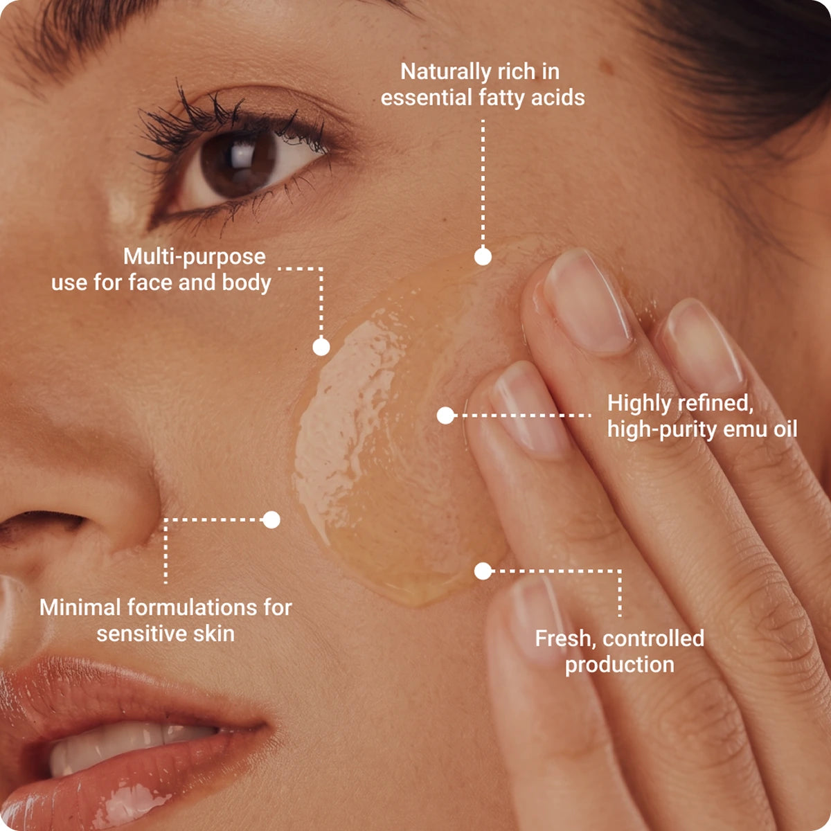 A woman's face with callouts for essential fatty acids, hydration and absorption