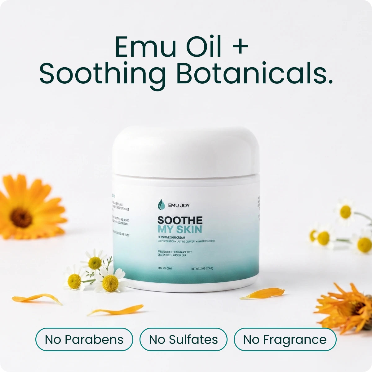 The Soothe My Skin jar with calendula, captioned "Emu Oil + Soothing Botanicals" with No Parabens, No Sulfates and No Fragrance tags