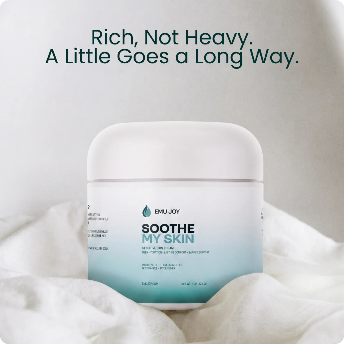 The jar held in a hand, captioned "Rich, Not Heavy. A Little Goes a Long Way."