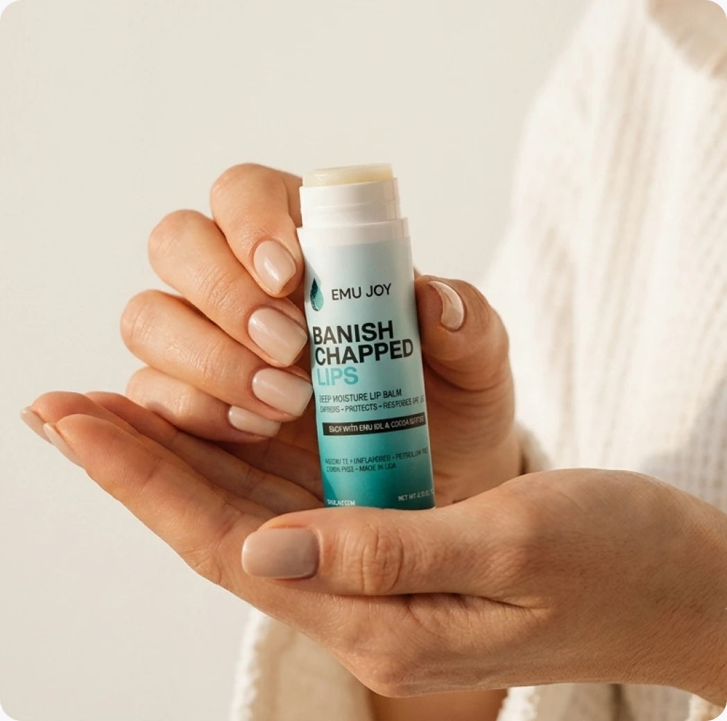 Hands holding the Emu Joy Banish Chapped Lips balm tube