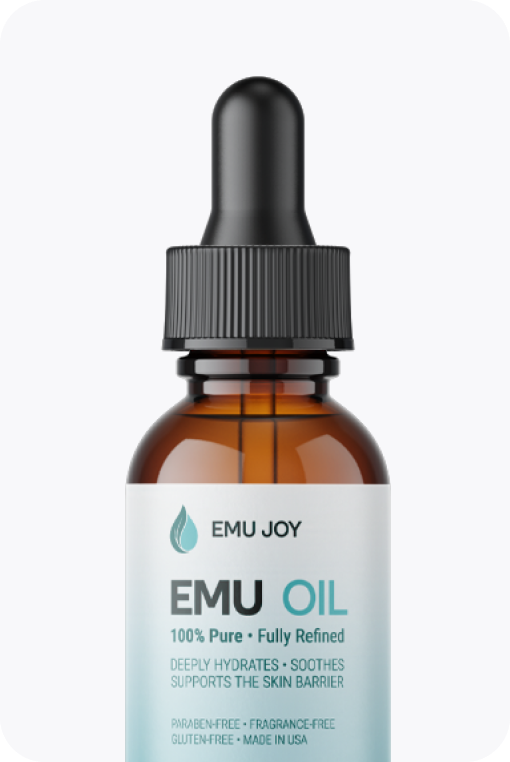 Emu Joy pure emu oil dropper bottle on a soft grey card